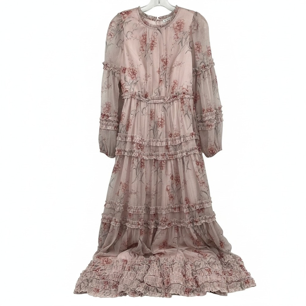 Ivy City Pink Gray Maxi Dress Floral Print Ruffle | Womens XS